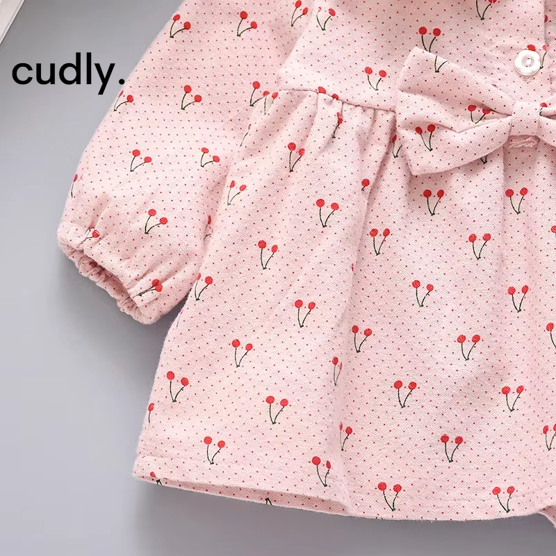 Cherry Print Long-Sleeved Cotton Dress for Baby Girls