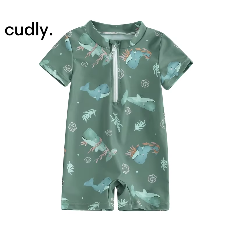 Sea-Themed Baby Boy Swimsuit – Short Sleeve Zipper Monokini for Summer Fun