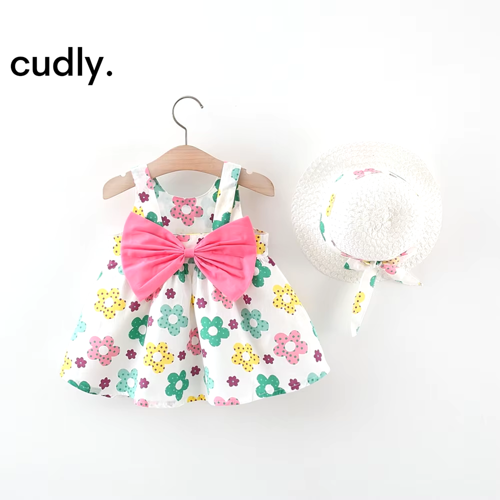 Newborn Baby Cotton Suspender Dress with Sun Hat – 2-Piece Summer Princess Outfit