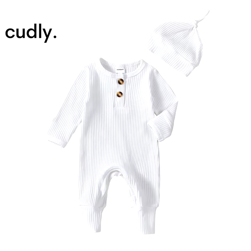 Baby Boy 2-Piece Solid Color Ribbed Long Sleeve Romper with Hat – Stylish Fall Outfit