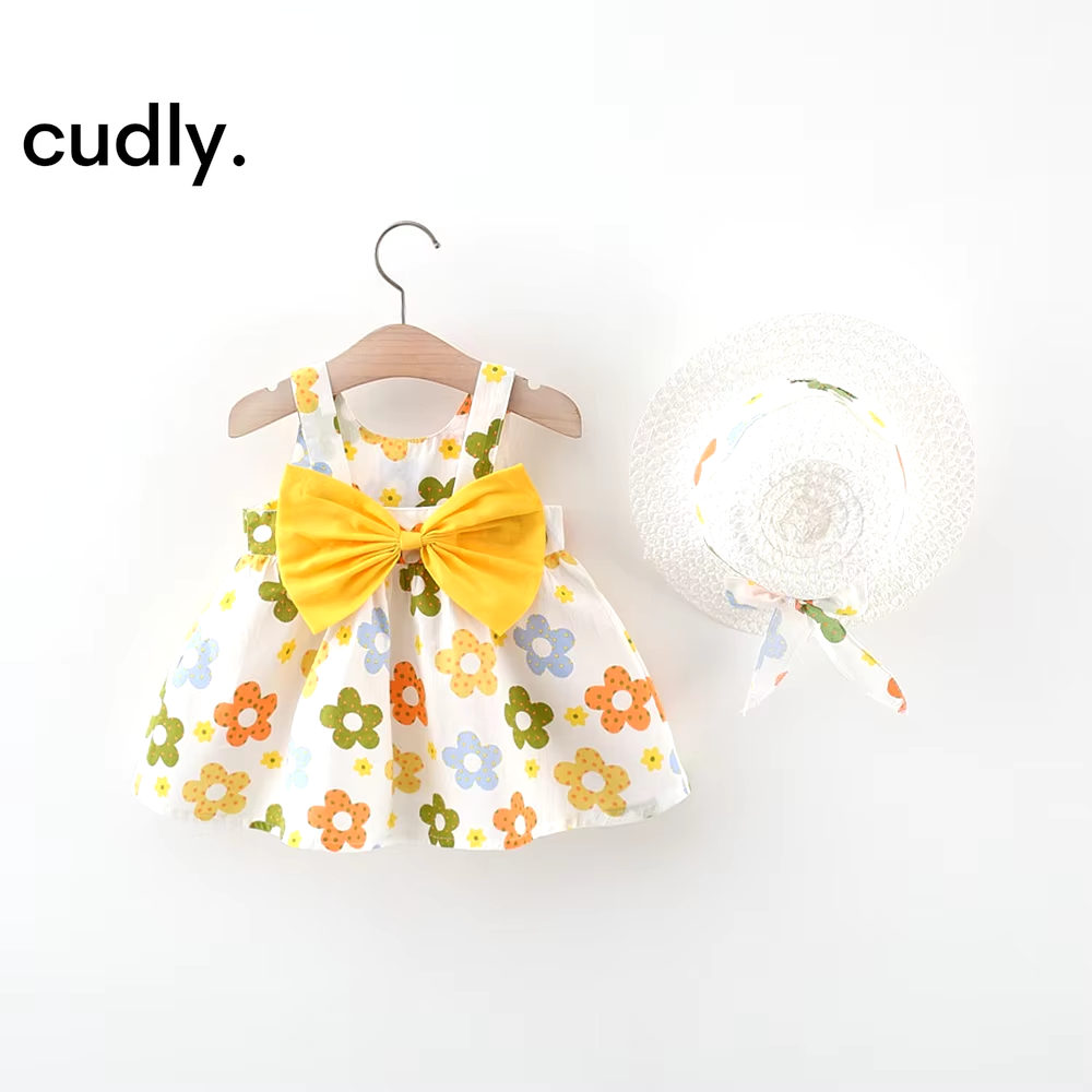 Newborn Baby Cotton Suspender Dress with Sun Hat – 2-Piece Summer Princess Outfit