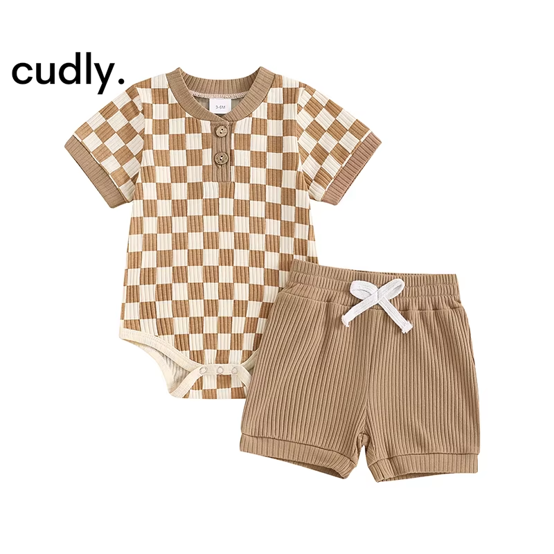 Boys Summer Checkerboard Romper & Shorts Set – 2-Piece Outfit for 0-12 Months