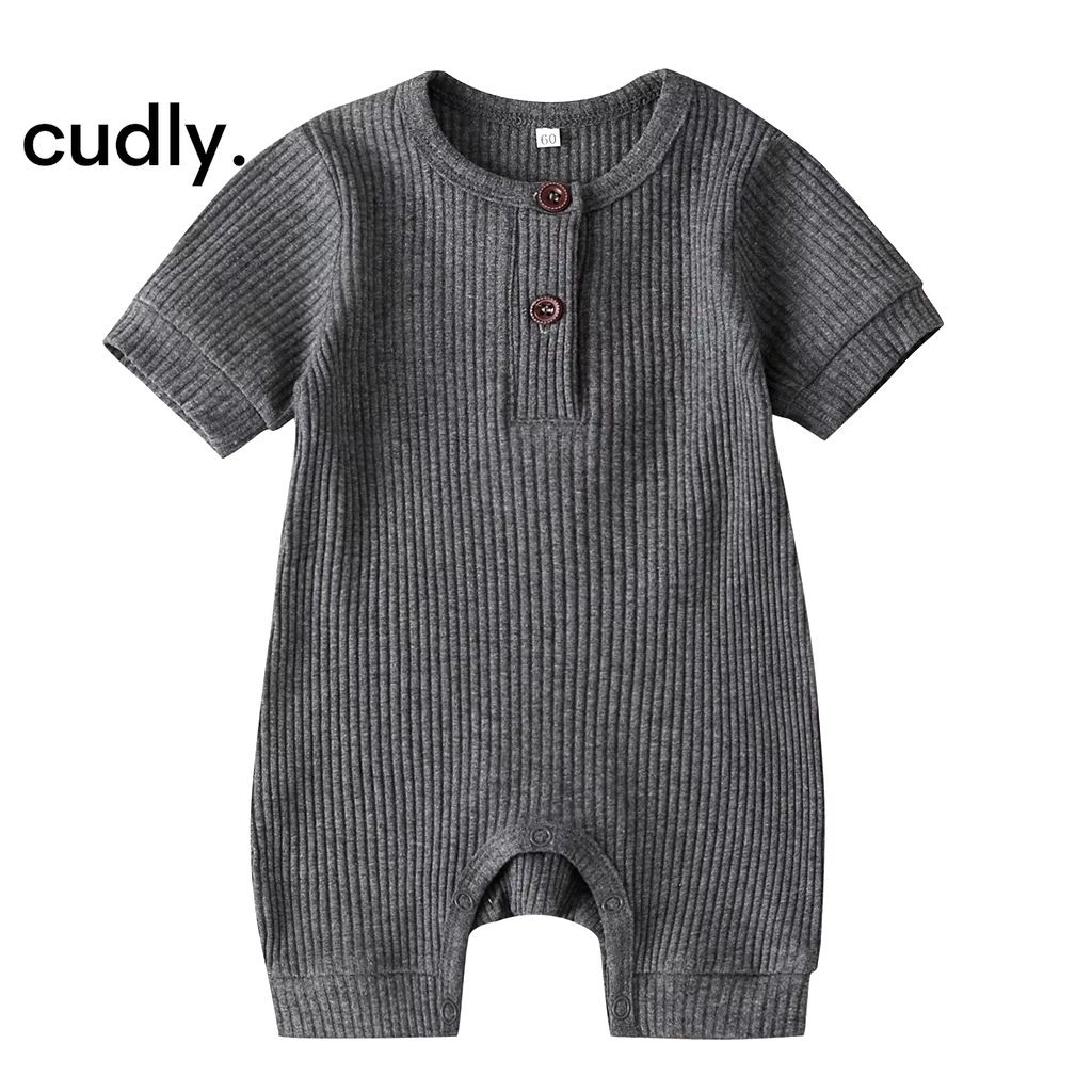 Baby Boy Solid Color Knit Rib Romper – Cotton Button Jumpsuit for 0-12 Months