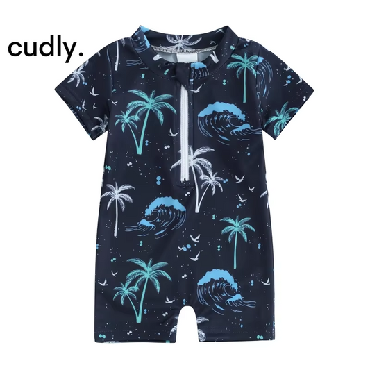 Sea-Themed Baby Boy Swimsuit – Short Sleeve Zipper Monokini for Summer Fun