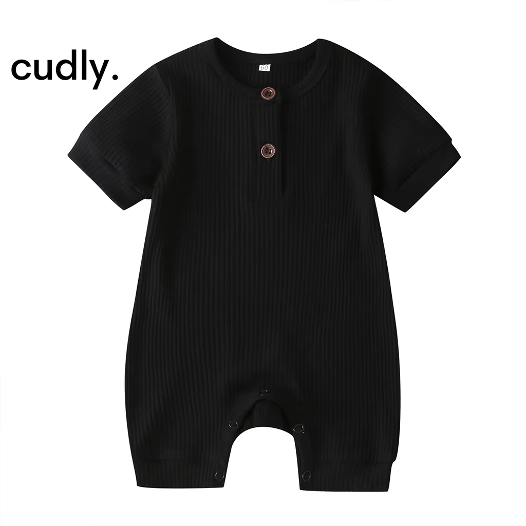 Baby Boy Solid Color Knit Rib Romper – Cotton Button Jumpsuit for 0-12 Months