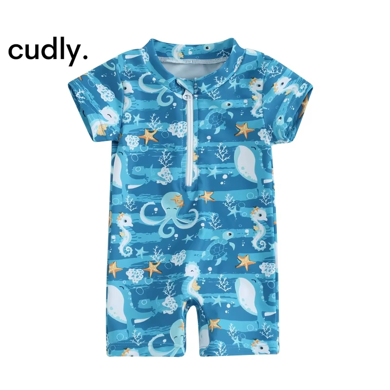 Sea-Themed Baby Boy Swimsuit – Short Sleeve Zipper Monokini for Summer Fun