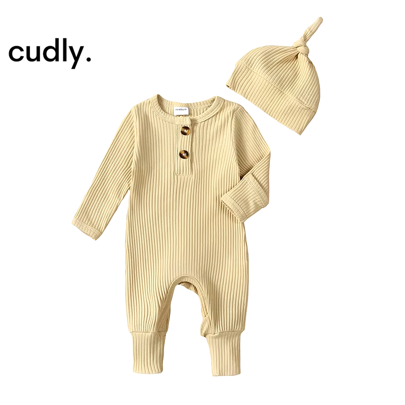 Baby Boy 2-Piece Solid Color Ribbed Long Sleeve Romper with Hat – Stylish Fall Outfit