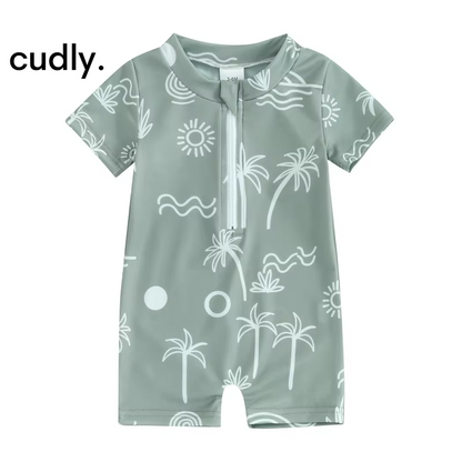 Sea-Themed Baby Boy Swimsuit – Short Sleeve Zipper Monokini for Summer Fun