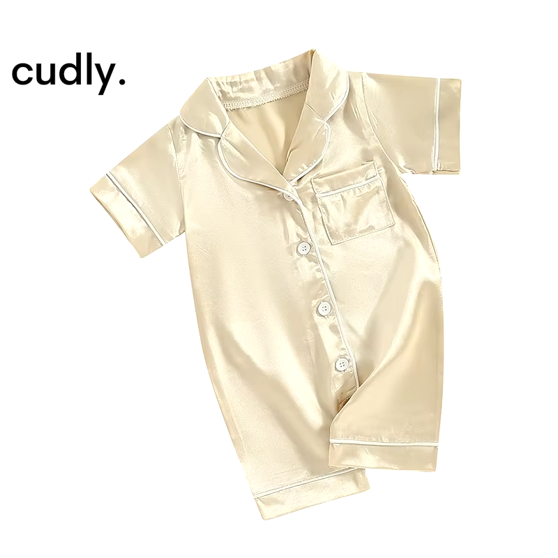 Newborn Baby Satin Silk Pajamas Rompers – Button Down Short Sleeve Solid PJs Sleepwear for Boys & Girls