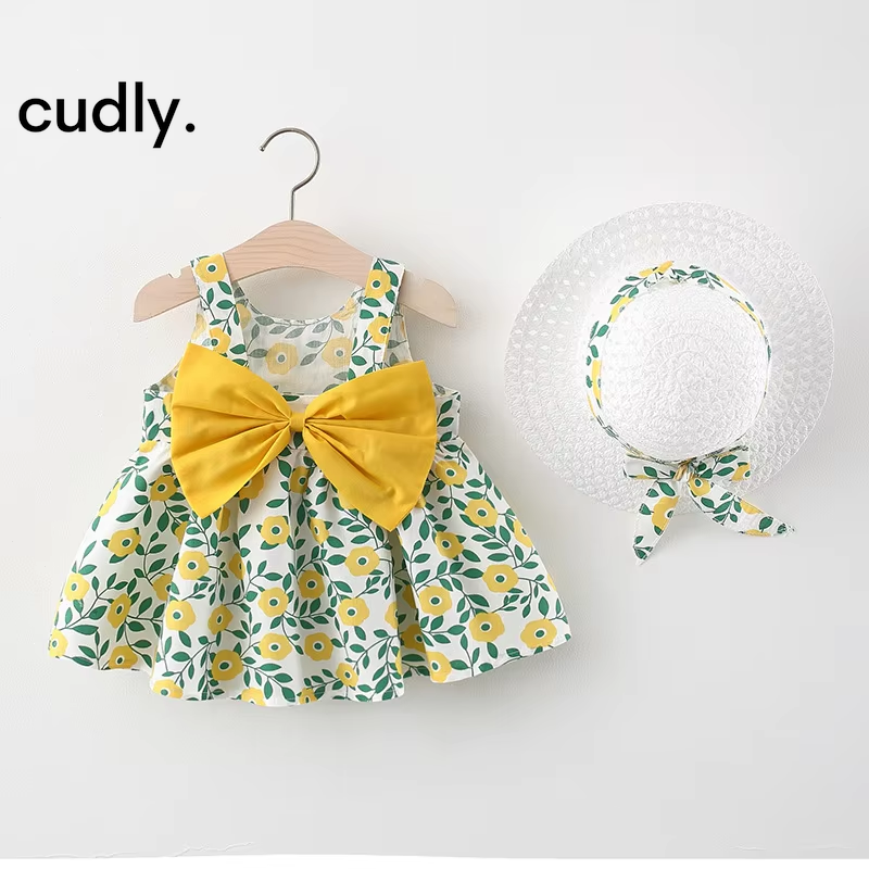 Newborn Baby Cotton Suspender Dress with Sun Hat – 2-Piece Summer Princess Outfit