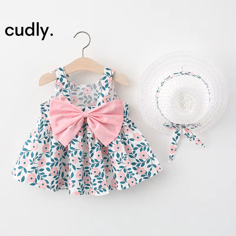 Newborn Baby Cotton Suspender Dress with Sun Hat – 2-Piece Summer Princess Outfit