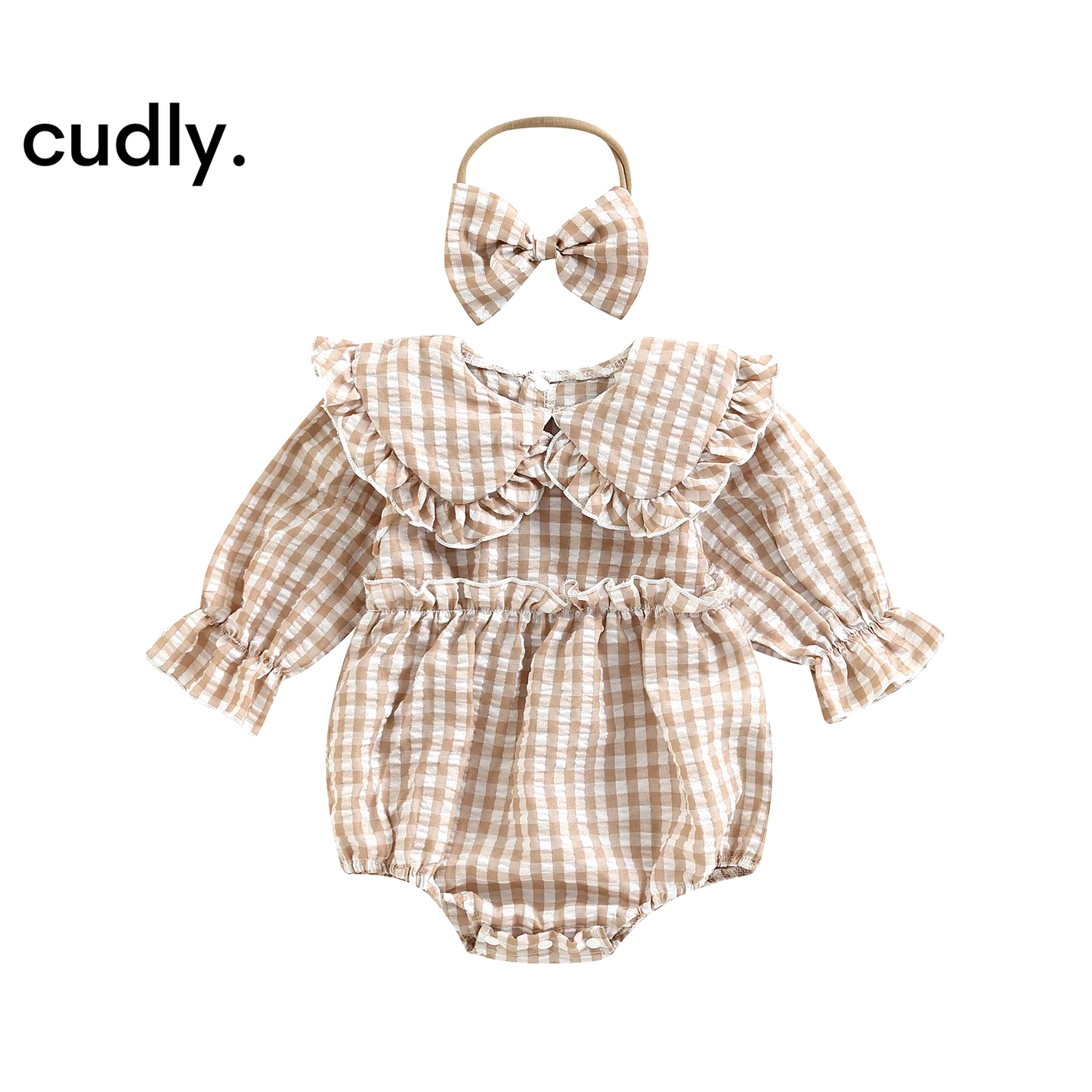 Plaid Doll Collar Ruffle Romper & Hairband Set – 2Pcs Long Sleeve Outfit for Baby Girls