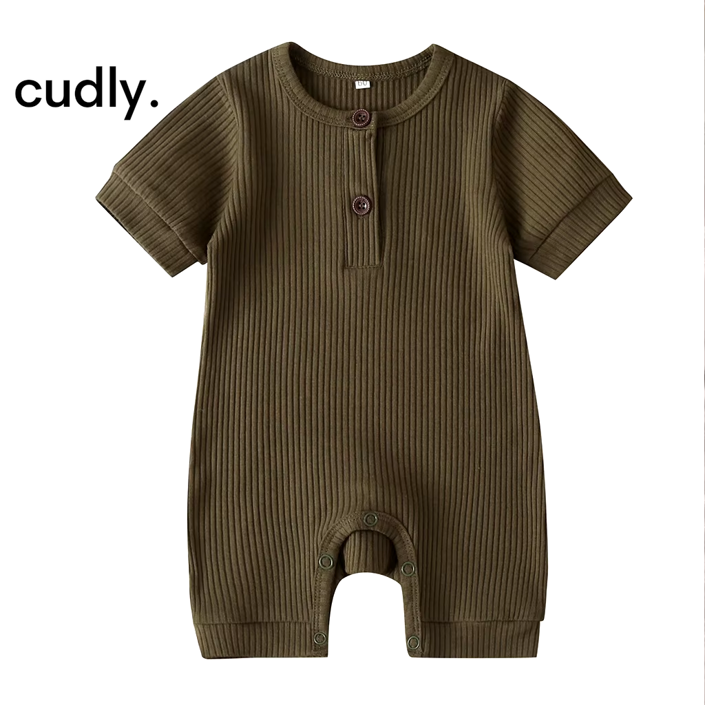 Baby Boy Solid Color Knit Rib Romper – Cotton Button Jumpsuit for 0-12 Months