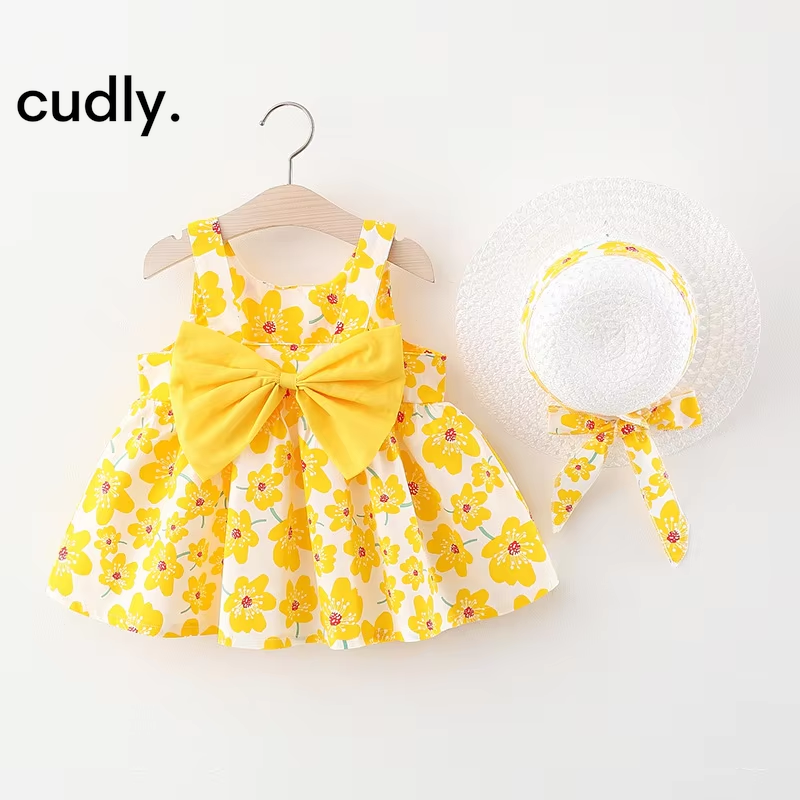 Sweet Sleeveless Floral Dress with Big Bow – 2-Piece Summer Cotton Outfit for Baby Girls