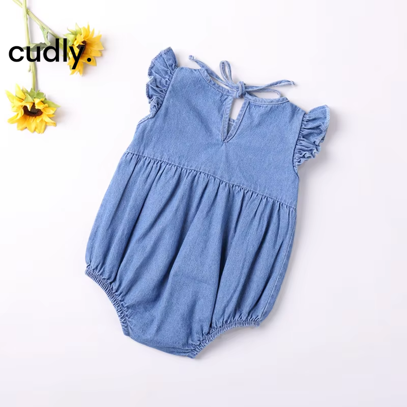 Baby Girls Ruffle Cotton Denim Romper – Fly Sleeve Summer Bodysuit