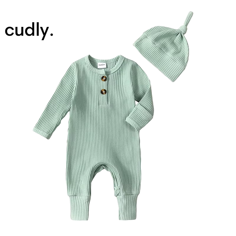 Baby Boy 2-Piece Solid Color Ribbed Long Sleeve Romper with Hat – Stylish Fall Outfit