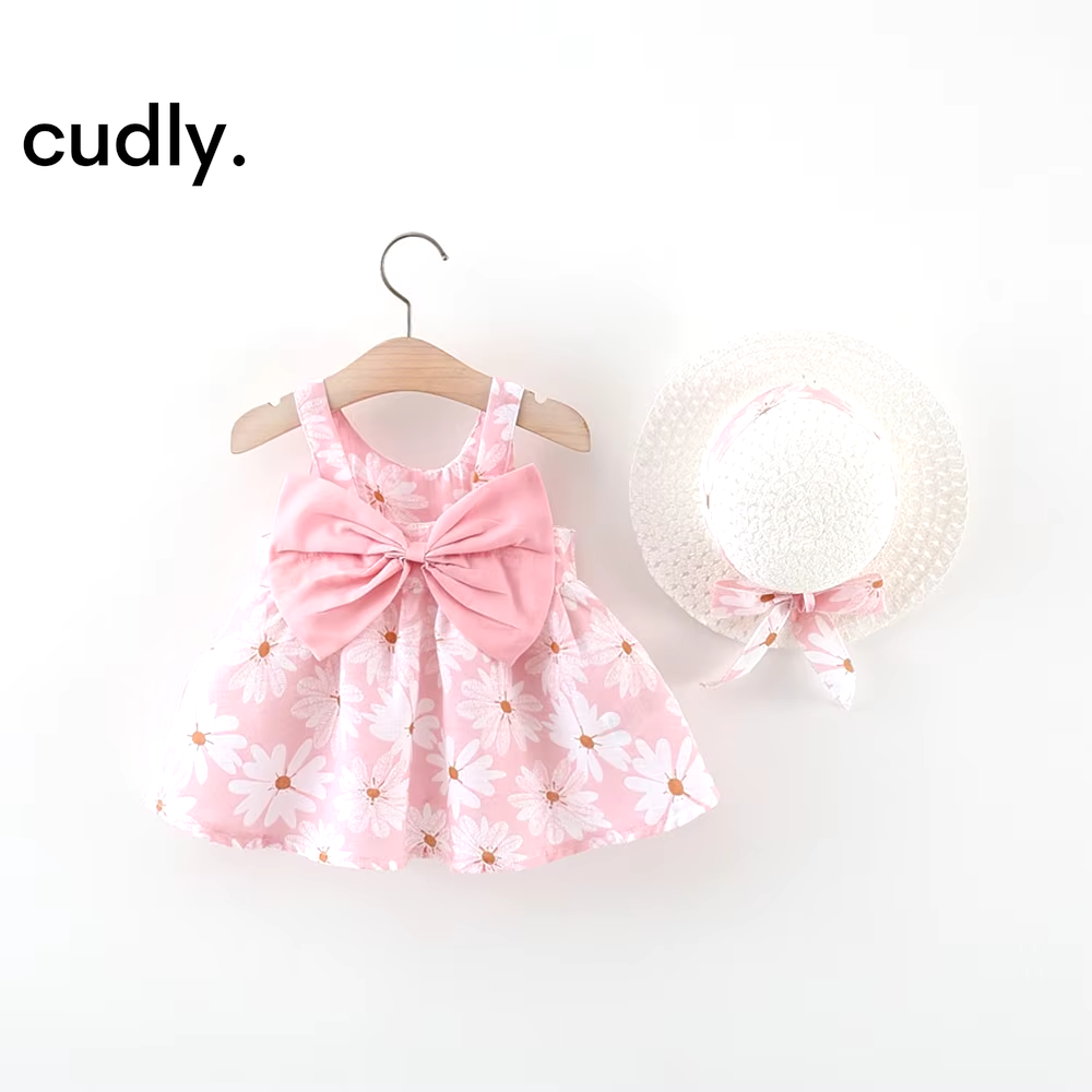 Newborn Baby Cotton Suspender Dress with Sun Hat – 2-Piece Summer Princess Outfit