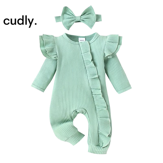 Newborn Infant Baby Girl Clothes Ruffle Long Sleeve Romper Solid Knit Ribbed Bodysuit Jumpsuit Coming Home Outfit 0-6M