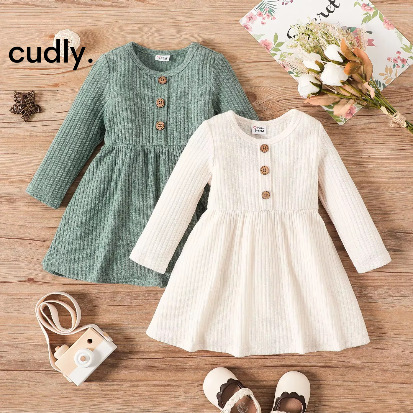 Baby Girl Button Front Solid Rib Knit Long-Sleeve Dress – Soft, Comfortable, and Perfect for Daily Wear