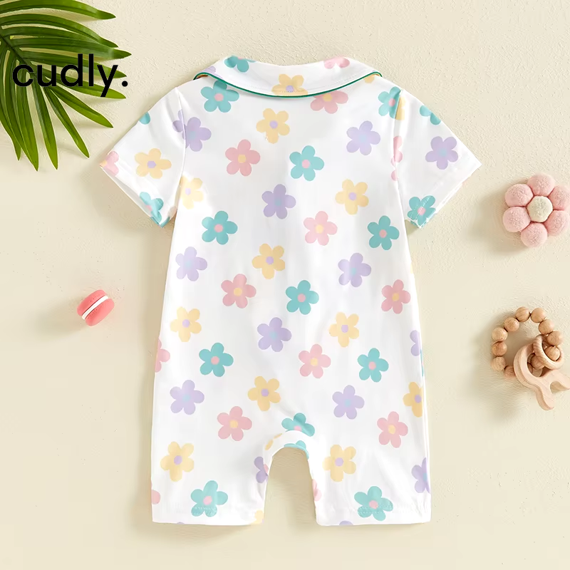 Baby Girls Summer Romper – Tractor/Flower Print Short Sleeve Pajamas Jumpsuit