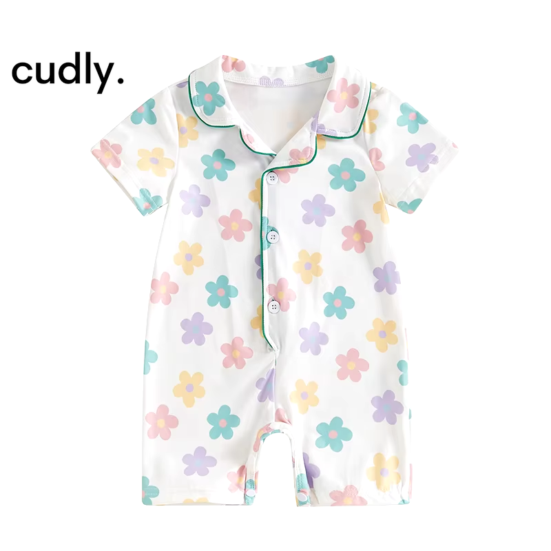 Baby Girls Summer Romper – Tractor/Flower Print Short Sleeve Pajamas Jumpsuit