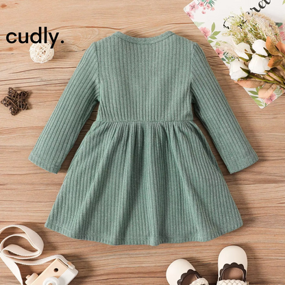 Baby Girl Button Front Solid Rib Knit Long-Sleeve Dress – Soft, Comfortable, and Perfect for Daily Wear